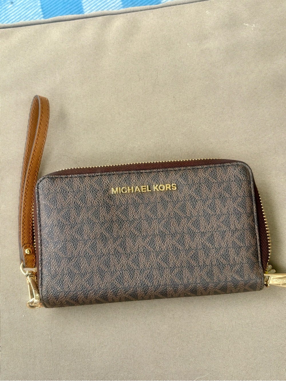 Michael Kors Brown Logo-Print Zip Wristlet with Gold Hardware